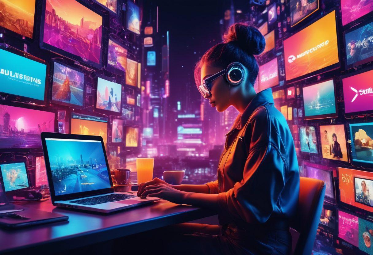A dynamic collage showcasing a vibrant digital landscape filled with diverse adult-themed blogging elements, including a stylish laptop with an open screen displaying racy content, playful icons representing video sharing, and social media notifications. Background should feature abstract shapes and digital graphics symbolizing the online world of adult entertainment. Emphasize a sense of community with friendly avatars engaging together in this sultry space. vibrant colors. cyberpunk. high contrast.