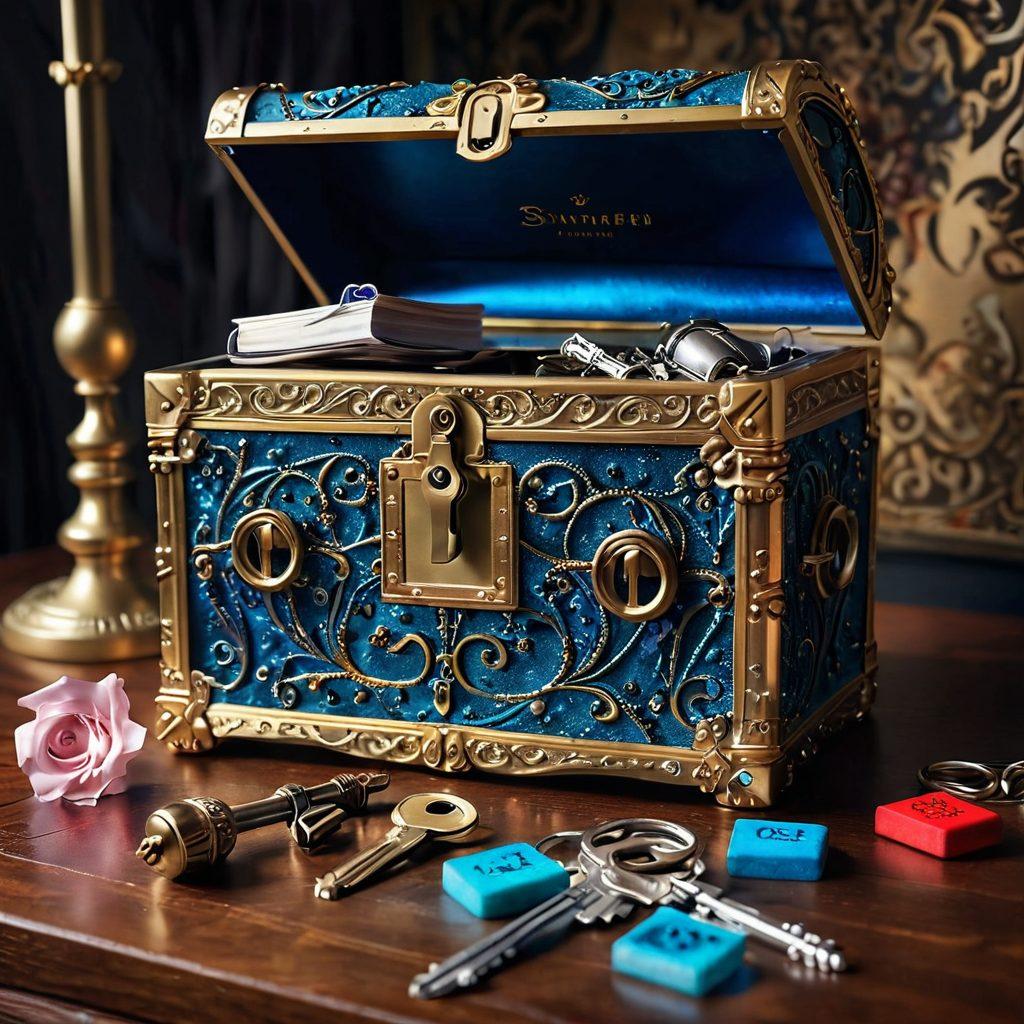 A mysterious key unlocking an ornate chest overflowing with shimmering symbols representing adult media, such as a film reel, a microphone, and a keyboard. Surround the chest with vibrant, ethereal light to convey hidden secrets. Include a backdrop of a glamorous, softly lit room that suggests creativity, intertwined with subtle hints of digital elements. The atmosphere should feel intriguing yet inviting to engage curiosity. super-realistic. vibrant colors. soft focus.